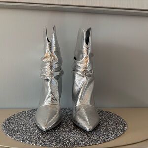 Guess Metallic Silver Pointed-Toe Slouch Ankle Boots